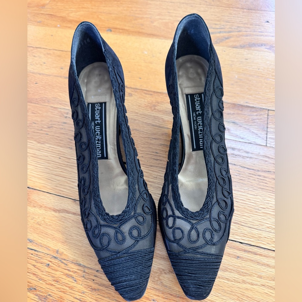Stuart Weitzman Vintage Y2K Black Mesh Embroidered Kitten Heels Women’s 6